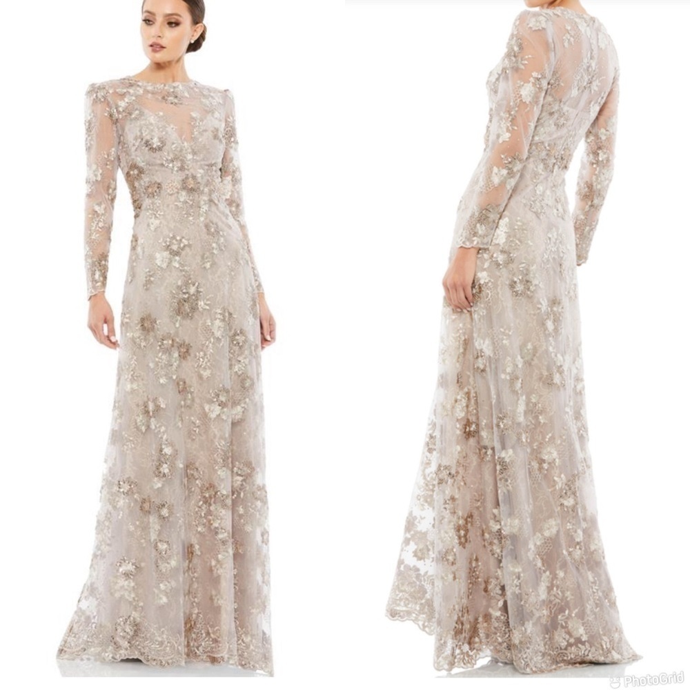 Mac Duggal Floral Embroidered Illusion Long Sleeve Evening Gown
